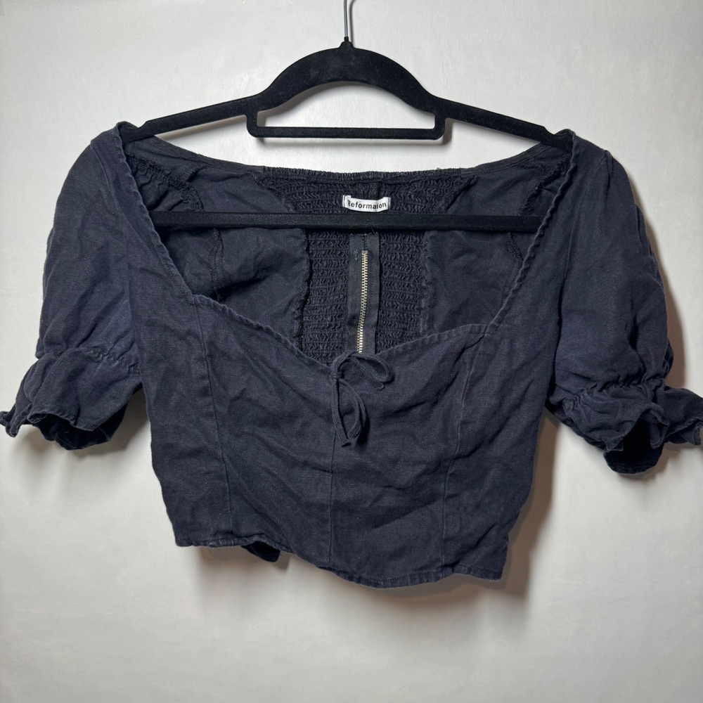 Reformation Black Linen Square Neck Puff Sleeve Smocked Corset‎ Crop Top Size 6